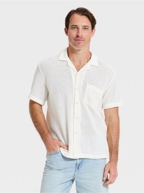 Men’s Vacay Short Sleeve Camp Collar Open Weave Button Down Shirt XL